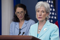 US Secretary of Health and Human Services Kathleen Sebelius (R) speaks alongside Food and Drug Administration (FDA) Commissioner Margaret Hamburg during the Daily Press Briefing in the Brady Briefing Room of the White House in Washington, DC, June 21, 2011. (Image credit: AFP/Getty Images via @daylife)
                                                                        