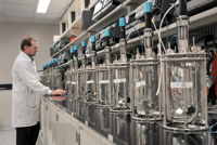 Steve Gleockler, lab operations supervisor, works in the bioreactor lab at Medimmune. (Amy Davis, Baltimore Sun / May 1, 2012)